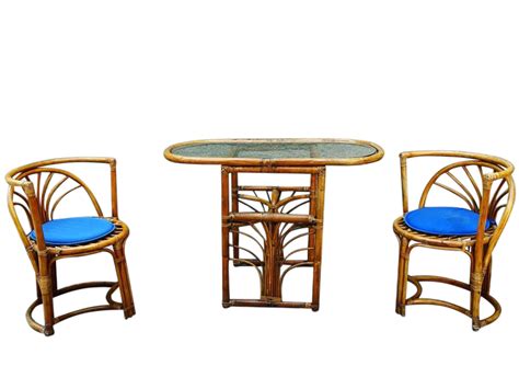 Bamboo table with 2 tuck under chairs, 1960s