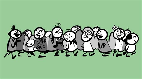 a group of cartoon people standing in a line