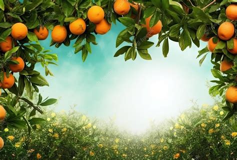 A picture of oranges hanging from a tree with a blue sky in the ...