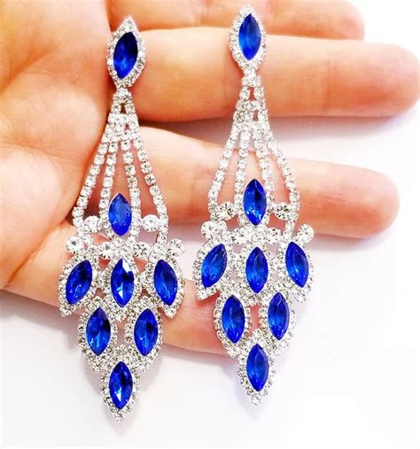 Blue Chandelier Earrings, Rhinestone Drop Earrings, Dangle Austrian ...