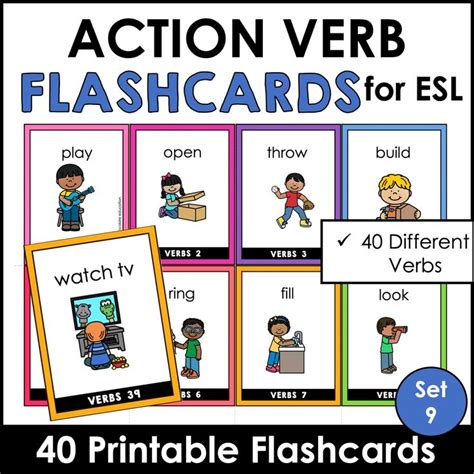 Action Verbs Flashcards for ESL | Verb Cards with and without text