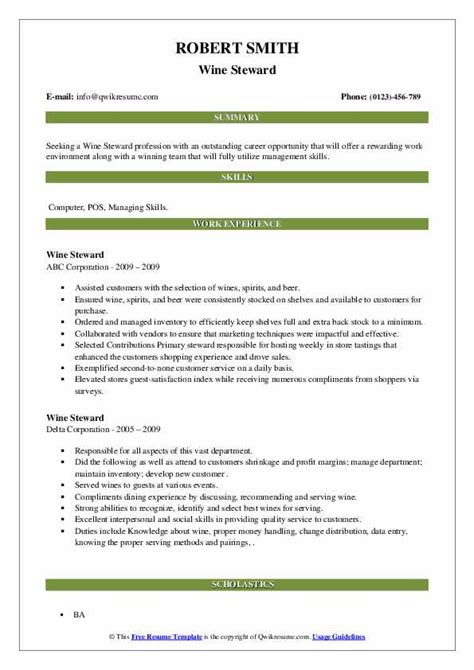 Wine Steward Resume Samples | QwikResume