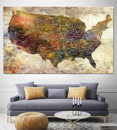 USA Map Canvas Wall Art Push Pin Colorful American Map Multi | Etsy