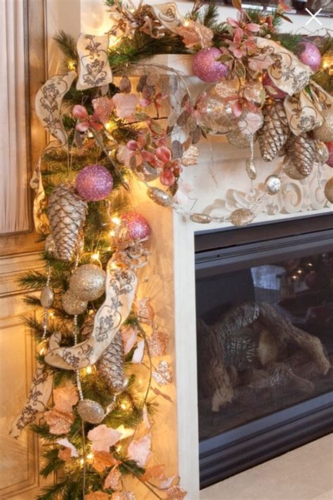 💖 GORGEOUS Christmas mantle garland with pink, gold, & silver ornaments, ribbon, pinecon… | Pink ...