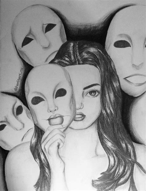 Girl with masks by @drawingart_ros on Instagram #art #drawing | Face drawing, Alien drawings ...