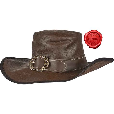 Embossed Leather Wide Brim Hat - Brown