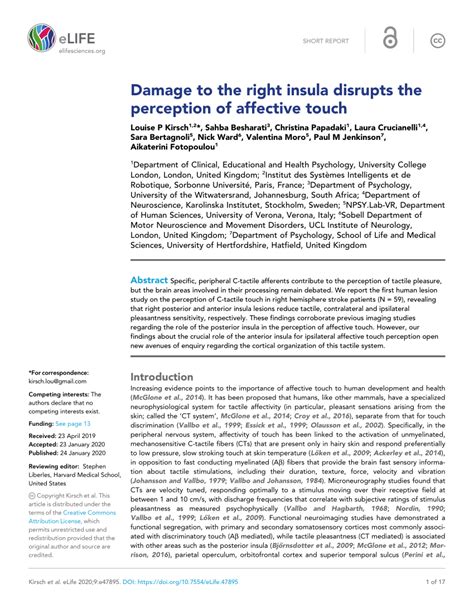 (PDF) Damage to the right insula disrupts the perception of affective touch