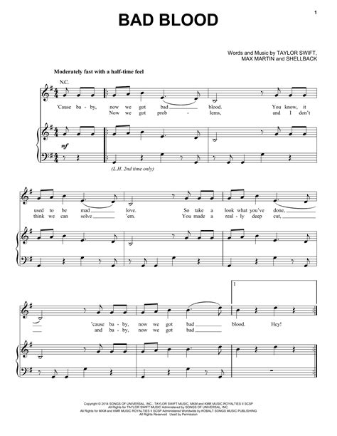 Bad Blood sheet music by Taylor Swift (Piano, Vocal & Guitar (Right-Hand Melody) – 157026)