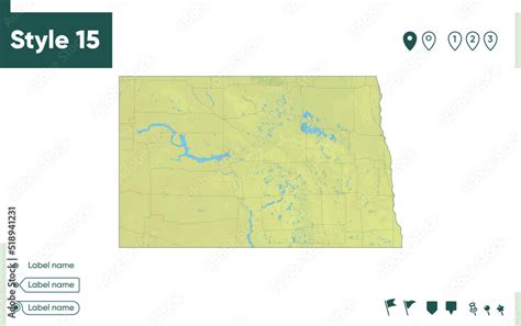 North Dakota, USA - map with shaded relief, land cover, rivers, lakes ...