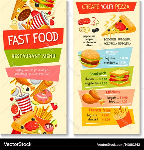 Fast food flat menu design for restaurant Vector Image