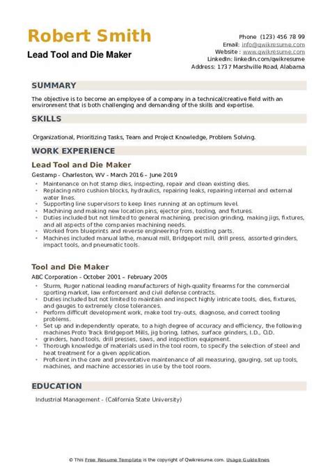 Tool And Die Maker Resume Samples | QwikResume