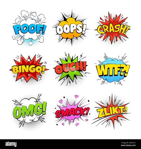 Cartoon comics speech bubbles of vector sound effect halftone balloons ...