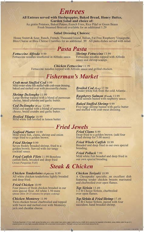 Menu at Chesapeake Seafood House steakhouse, Springfield