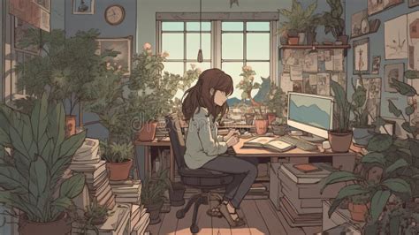 Cute Lofi Girl in a Room, Anime Manga Bedroom Wallpaper Background Design, Colorful, Generative ...