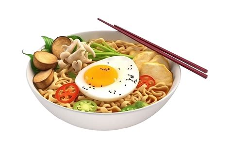 Asian noodle soup, Ramyeon ramen with chicken, vegetables and egg in white bowl, isolated on ...