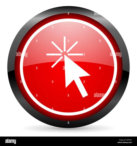 click here round red glossy icon on white background Stock Photo - Alamy