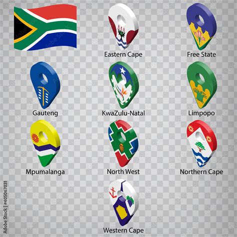 Nine flags the Provinces of South Africa - alphabetical order with name ...