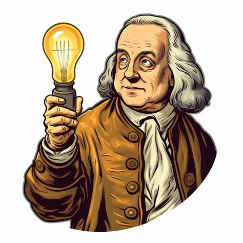 draw in clipart style ben franklin demonstrating electricity with an edison style light bulb ...