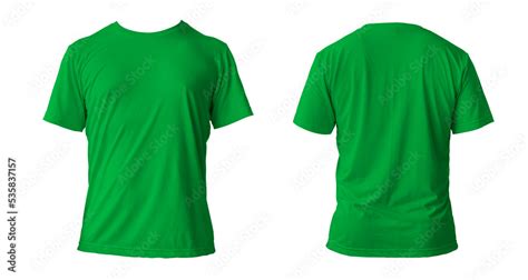 Blank green clean t-shirt mockup, isolated, front view. Empty tshirt model mock up. Clear fabric ...