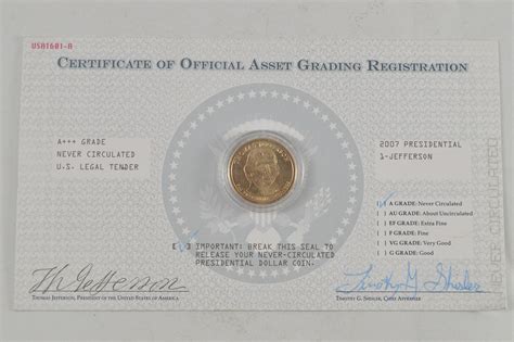 Historic Coin Collection - Certificate Of Official Asset Grading Registration 2007 Presidential ...