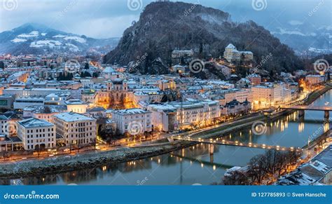 View To the Illuminated Old Town of Salzburg in Austria during Winter Stock Image - Image of ...