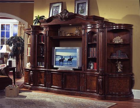 6 pc medium finish wood entertainment center wall unit with carved ...