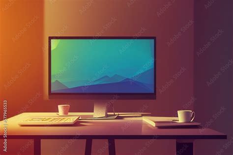 Laptop with half lid open on a table lit with colorful desktop screen ...