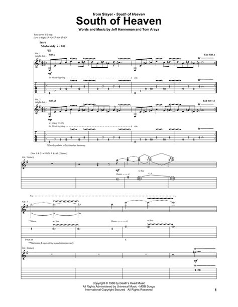 South Of Heaven by Slayer Sheet Music for Guitar Tab at Sheet Music Direct