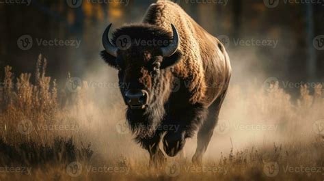 A commanding American Bison, its majestic horns aglow in the sunlight, charges across a ...