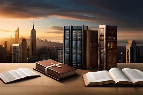 Premium AI Image | A desk with books and a city skyline in the background