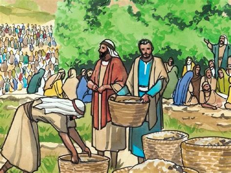 A crowd is with Jesus for three days and has nothing to eat, so Jesus feeds them with seven ...