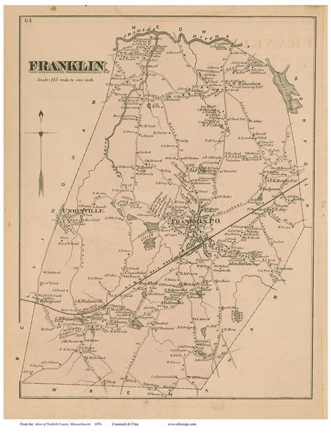 Franklin, Massachusetts 1876 Old Town Map Reprint - Norfolk Co. - OLD MAPS