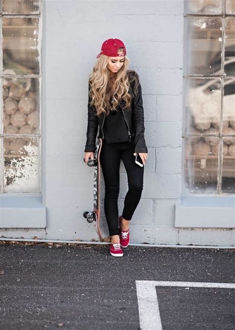 Picture Of black jeans, a black tee, a black leather jacket, a red cap ...