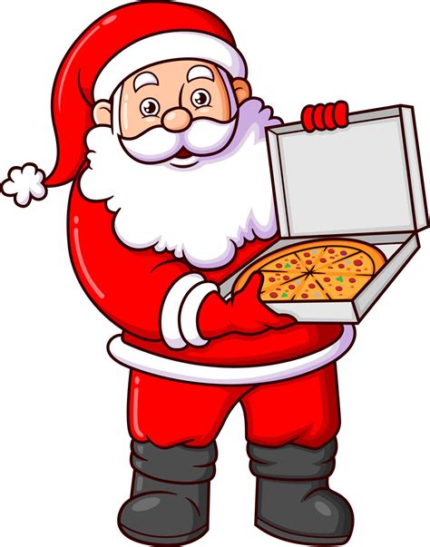 The santa claus is very happy and showing one regular pizza that he buy ...