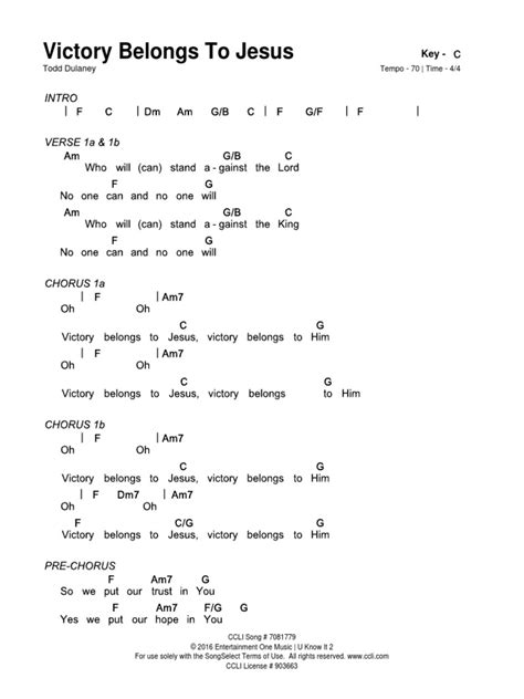 Victory Belongs To Jesus - SongSelect Chart in C PDF | PDF