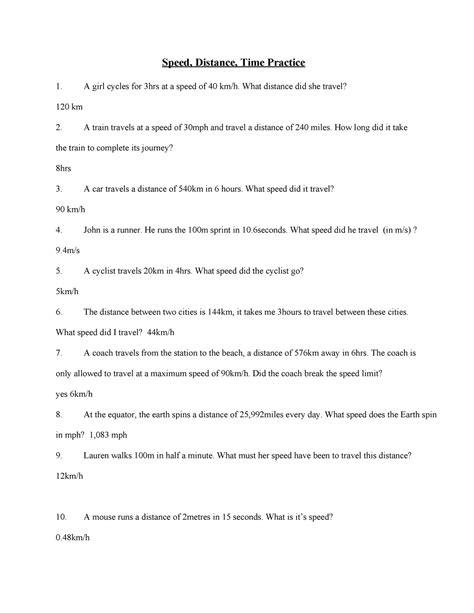 Copy of Speed, Distance, Time Practice - Speed, Distance, Time Practice A girl cycles for 3hrs ...