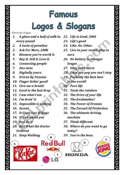 The task is to match slogans with logos. The worksheet is good for the ...