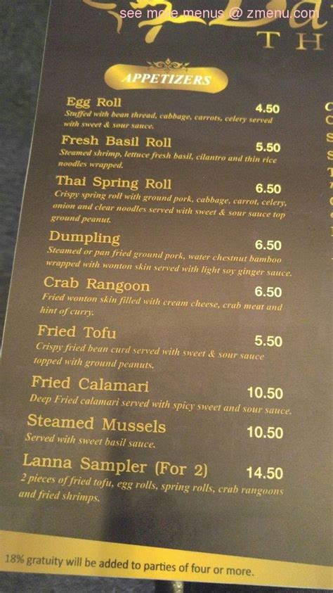 Menu at Lanna Thai restaurant, Fleming Island