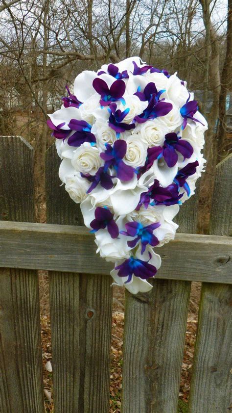 Cascading Bridal Bouquet, Galaxy Orchid, Ivory/white Real Touch Rose ...