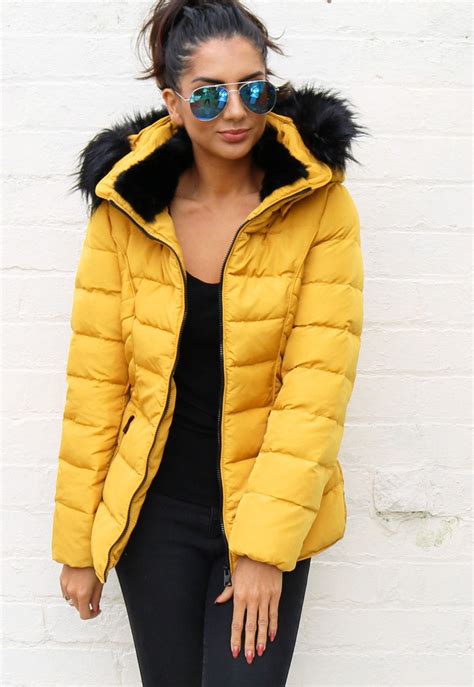 Quilted Padded Short Hooded Puffer Anorak Coat with Fur Trim in Mustard ...