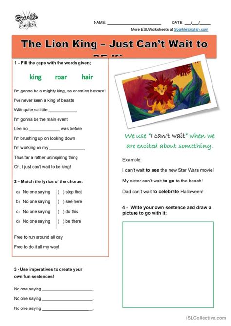 The Lion King Gapfill - Just Can't W…: English ESL worksheets pdf & doc