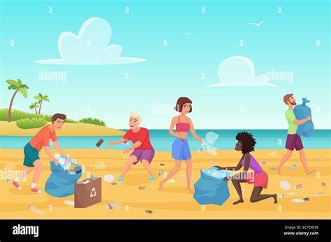 Beach cleaning flat vector illustration. Young people cleaning plastic ...