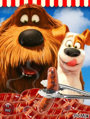 the secret life of pets movie poster with sausages in front of a dog's face