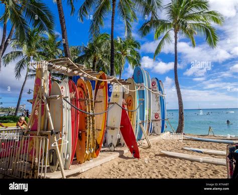 Surf rental shop on Waikiki beach on August 2, 2016 in Honolulu, Usa. Waikiki beach is ...