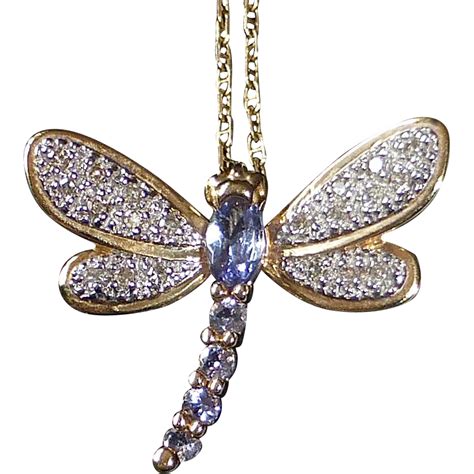 14k Tanzanite & Diamond Dragonfly Pendant Necklace SOLD | Ruby Lane
