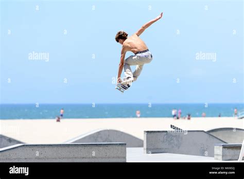 Young skateboarder at the skatepark on world famous Venice Beach ...