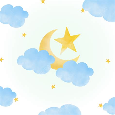 Cute Watercolor Blue Clouds Sky Yellow Star Background, Cloud ...