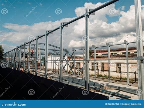 Construction of a Warehouse from Metal Structures Stock Photo - Image ...