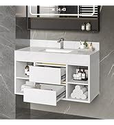 Amazon.com: HERNEST 40'' Black Floating Vanity Bathroom with White ...