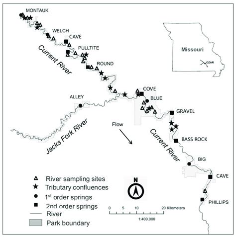 Map of the Current River Watershed, Missouri, showing approximate ...